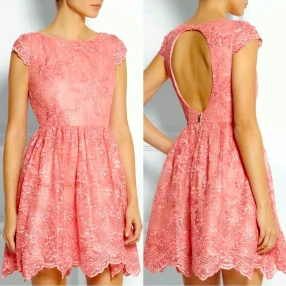 Alice + Olivia Zenden pink scalloped lace A-line dress